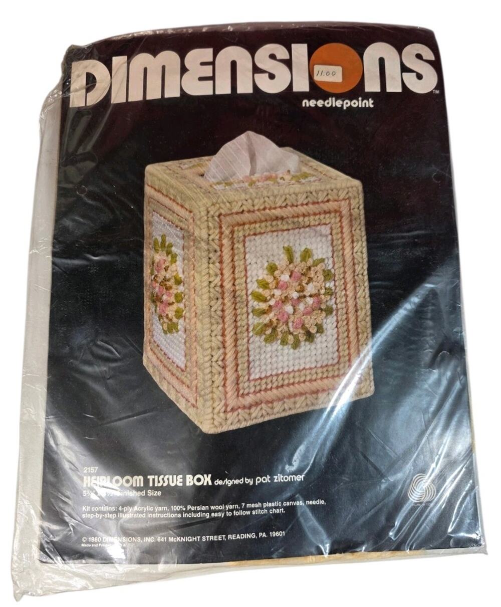 Dimensions Needlepoint Heirloom Tissue Box Vintage 1980 Floral Pastel